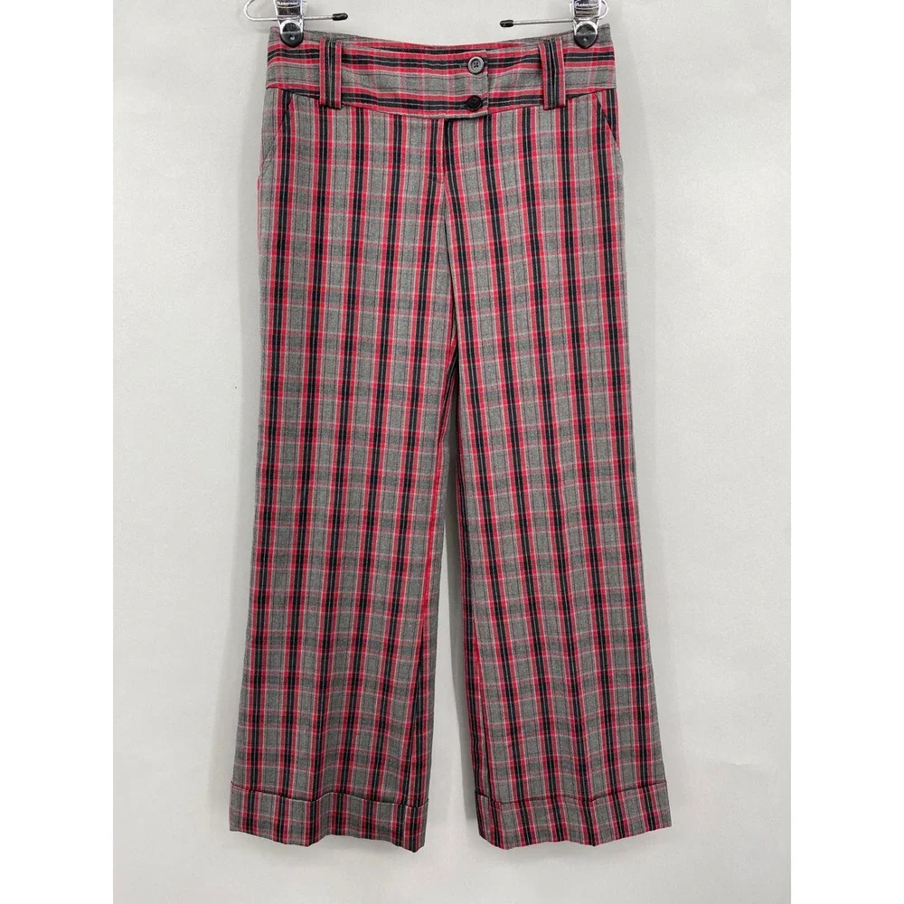 Vtg No Boundaries Plaid Wide Leg Trousers Pants Womens 5 Red Grey Cuffed Y2K